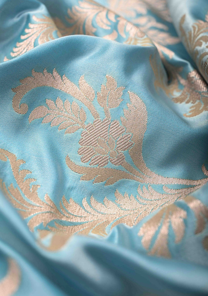 Sky Blue Banarasi Semi Mashru Silk Saree with Floral Jaal and Zari Border