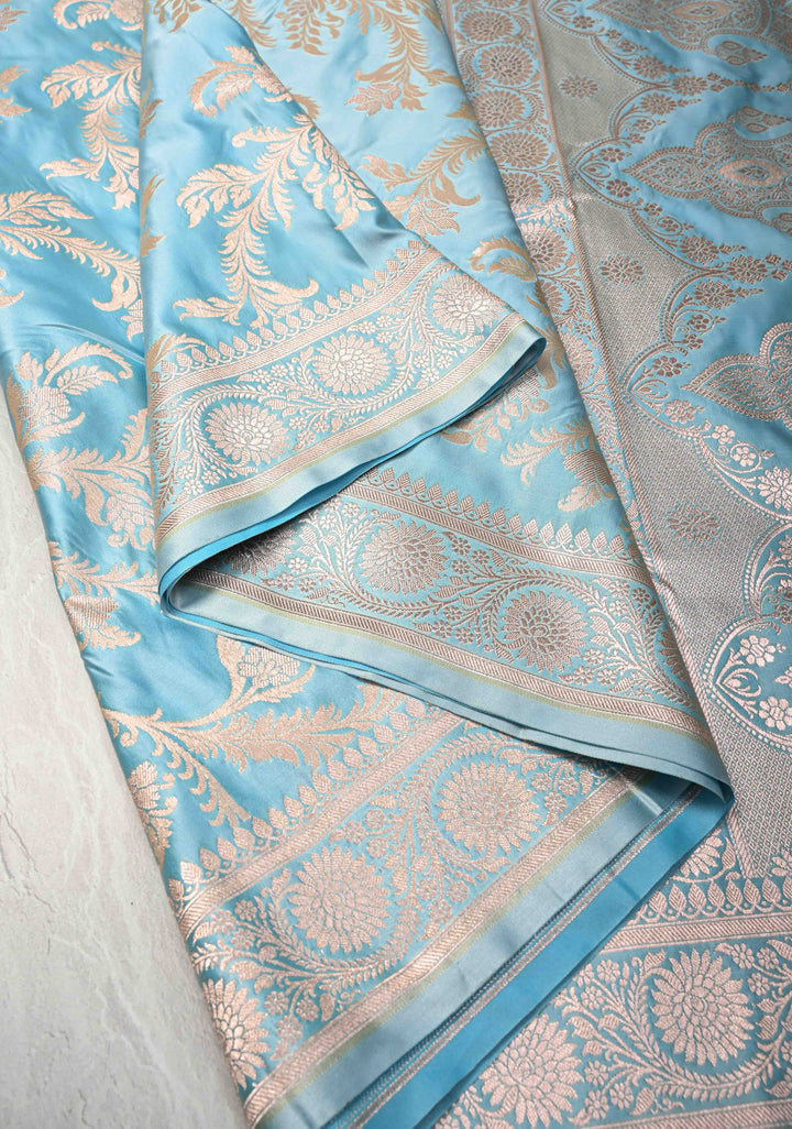 Sky Blue Banarasi Semi Mashru Silk Saree with Floral Jaal and Zari Border