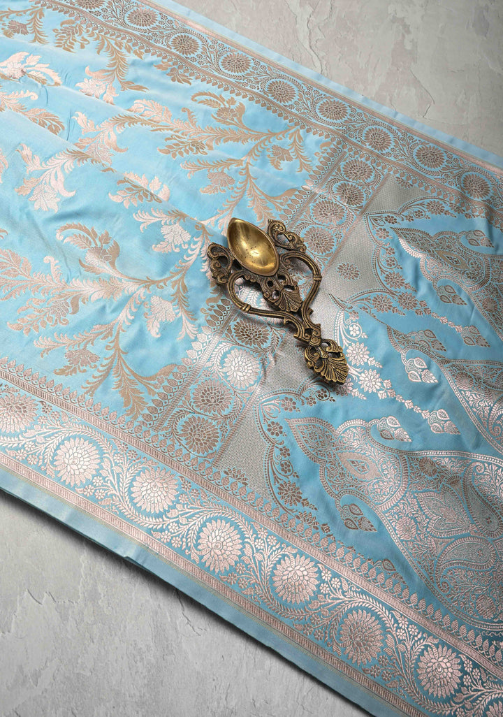Sky Blue Banarasi Semi Mashru Silk Saree with Floral Jaal and Zari Border
