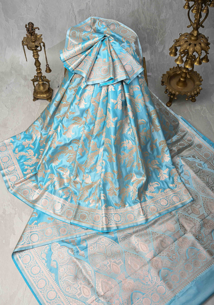 Sky Blue Banarasi Semi Mashru Silk Saree with Floral Jaal and Zari Border