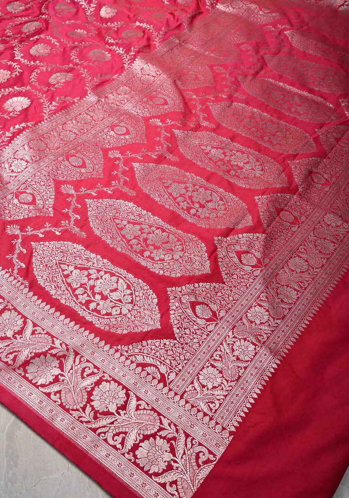 Raspberry Pink Banarasi Semi Mashru Silk Saree with Floral Jaal and Zari Border