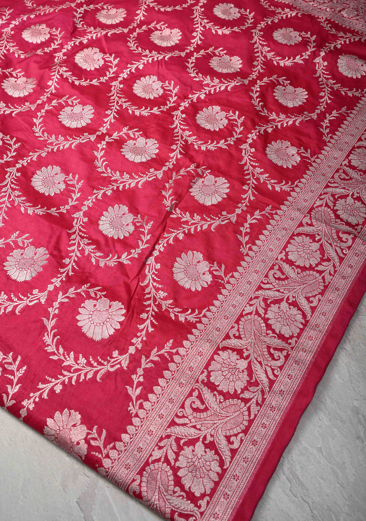 Raspberry Pink Banarasi Semi Mashru Silk Saree with Floral Jaal and Zari Border