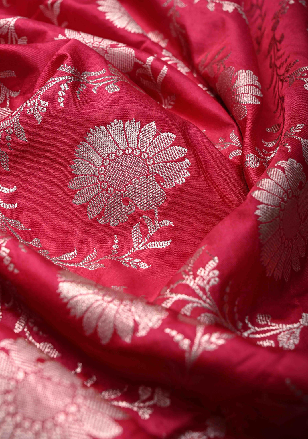 Raspberry Pink Banarasi Semi Mashru Silk Saree with Floral Jaal and Zari Border