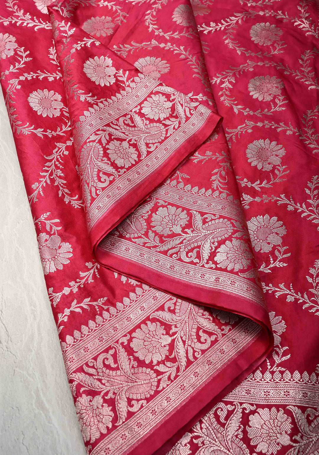 Raspberry Pink Banarasi Semi Mashru Silk Saree with Floral Jaal and Zari Border