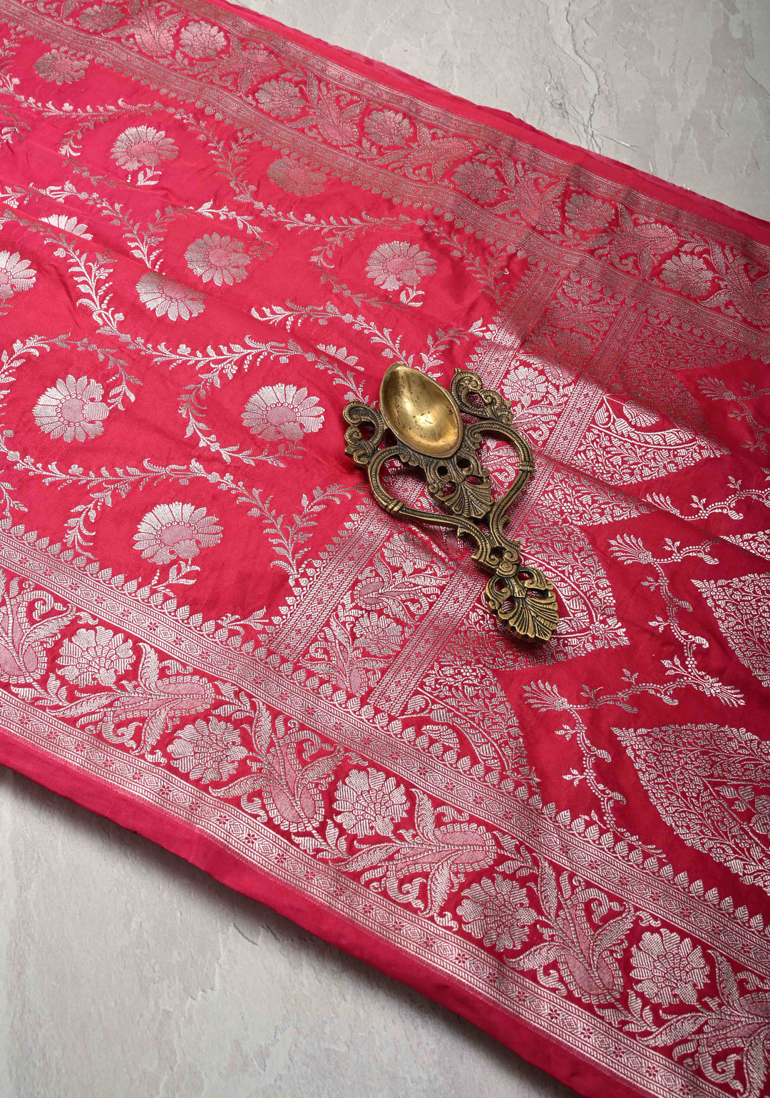 Raspberry Pink Banarasi Semi Mashru Silk Saree with Floral Jaal and Zari Border