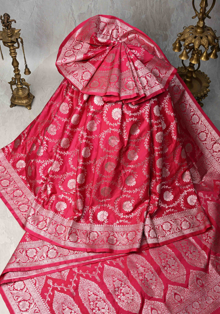 Raspberry Pink Banarasi Semi Mashru Silk Saree with Floral Jaal and Zari Border