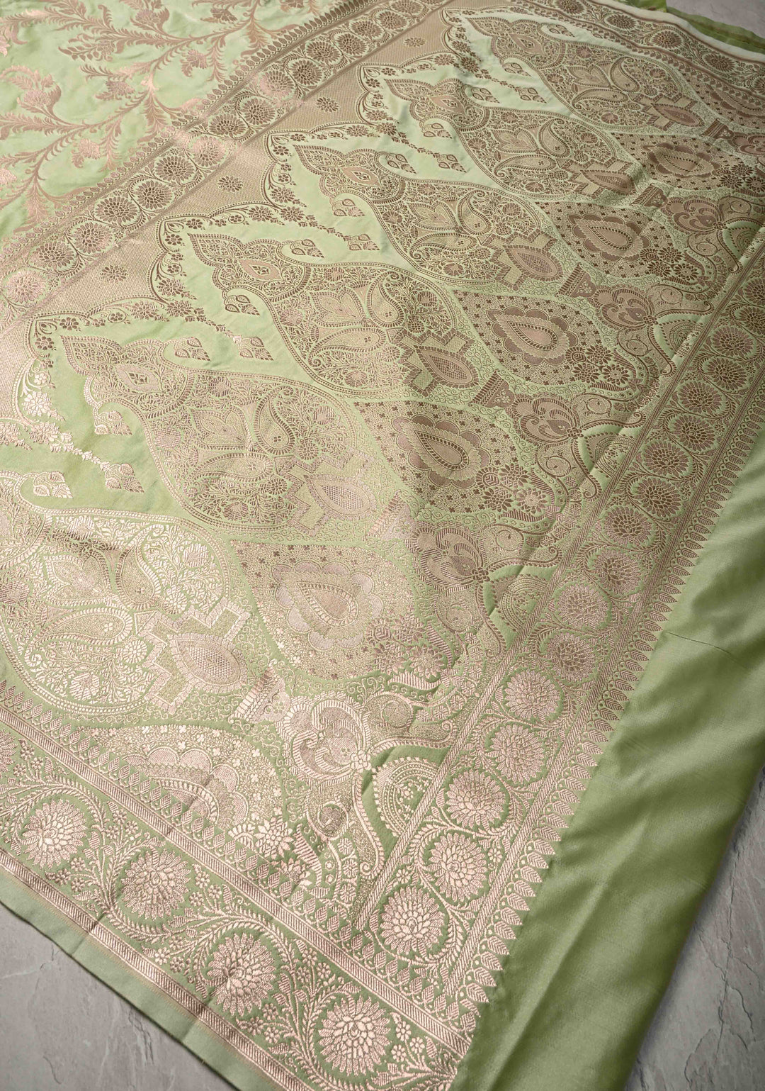 Pista Green Banarasi Semi Mashru Silk Saree with Vine Jaal and Zari Border