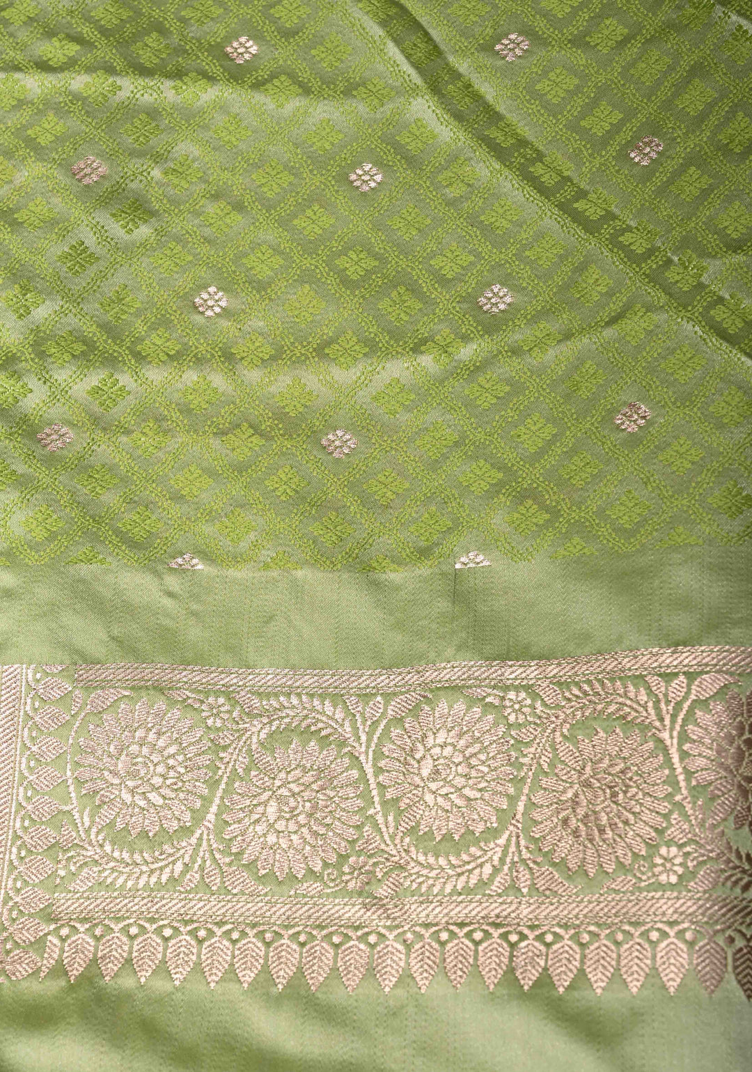 Pista Green Banarasi Semi Mashru Silk Saree with Vine Jaal and Zari Border