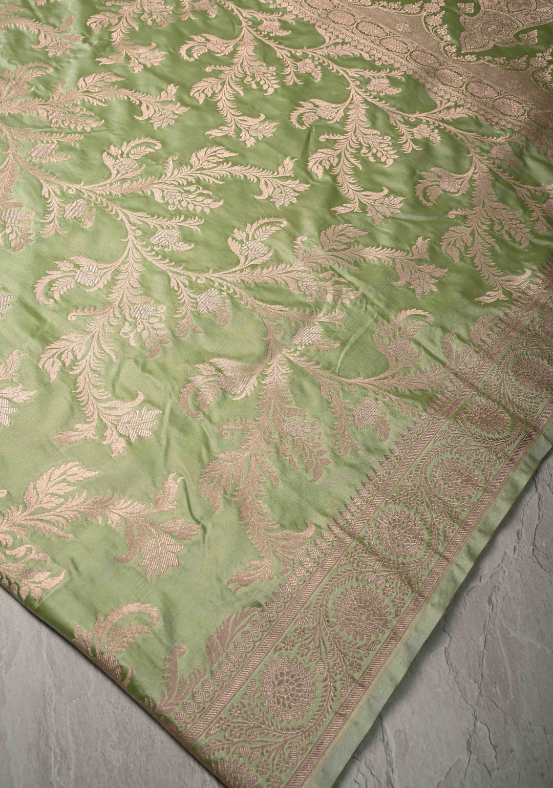 Pista Green Banarasi Semi Mashru Silk Saree with Vine Jaal and Zari Border