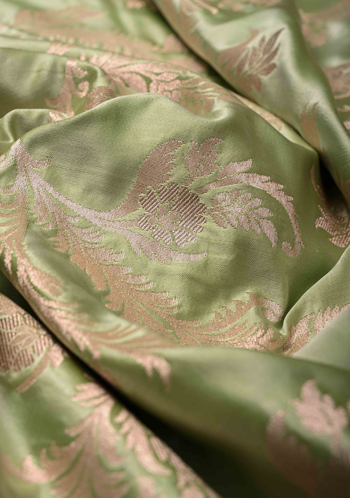 Pista Green Banarasi Semi Mashru Silk Saree with Vine Jaal and Zari Border