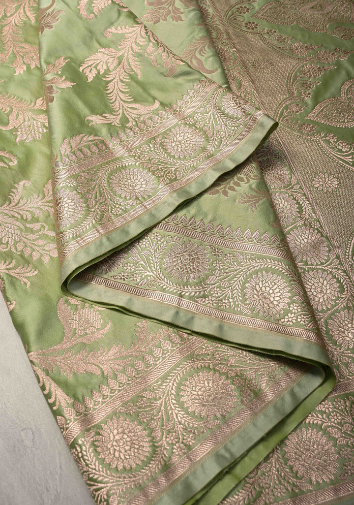 Pista Green Banarasi Semi Mashru Silk Saree with Vine Jaal and Zari Border