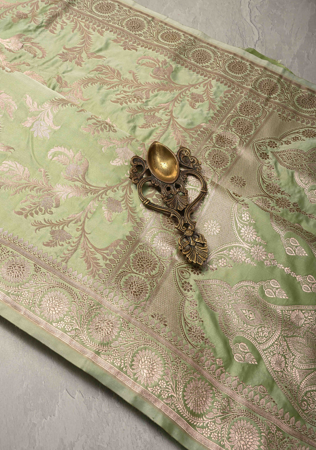 Pista Green Banarasi Semi Mashru Silk Saree with Vine Jaal and Zari Border