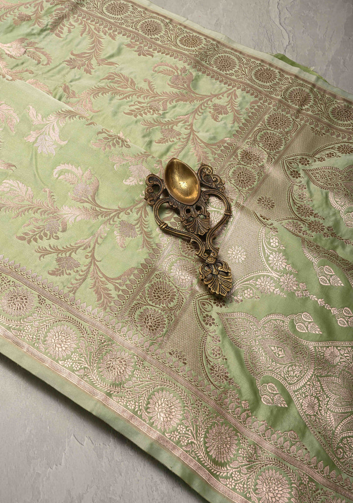 Pista Green Banarasi Semi Mashru Silk Saree with Vine Jaal and Zari Border