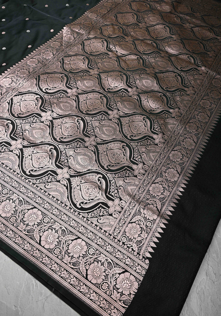 Black Banarasi Semi Mashru Silk Saree with Sona Rupa Chunri Buttis and Zari Border