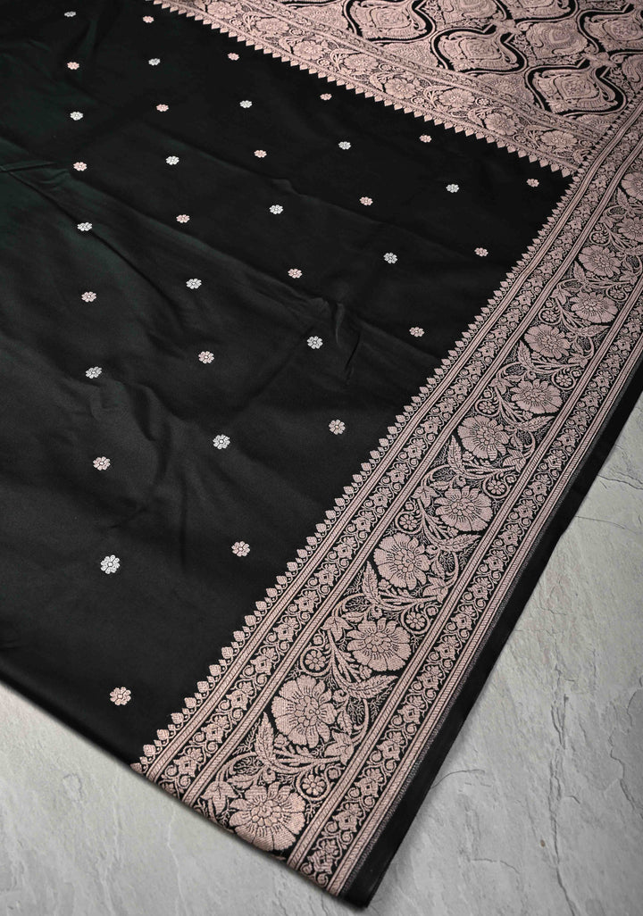 Black Banarasi Semi Mashru Silk Saree with Sona Rupa Chunri Buttis and Zari Border