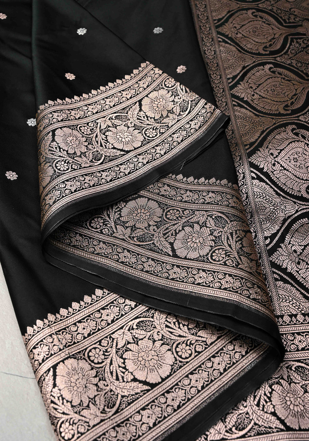 Black Banarasi Semi Mashru Silk Saree with Sona Rupa Chunri Buttis and Zari Border