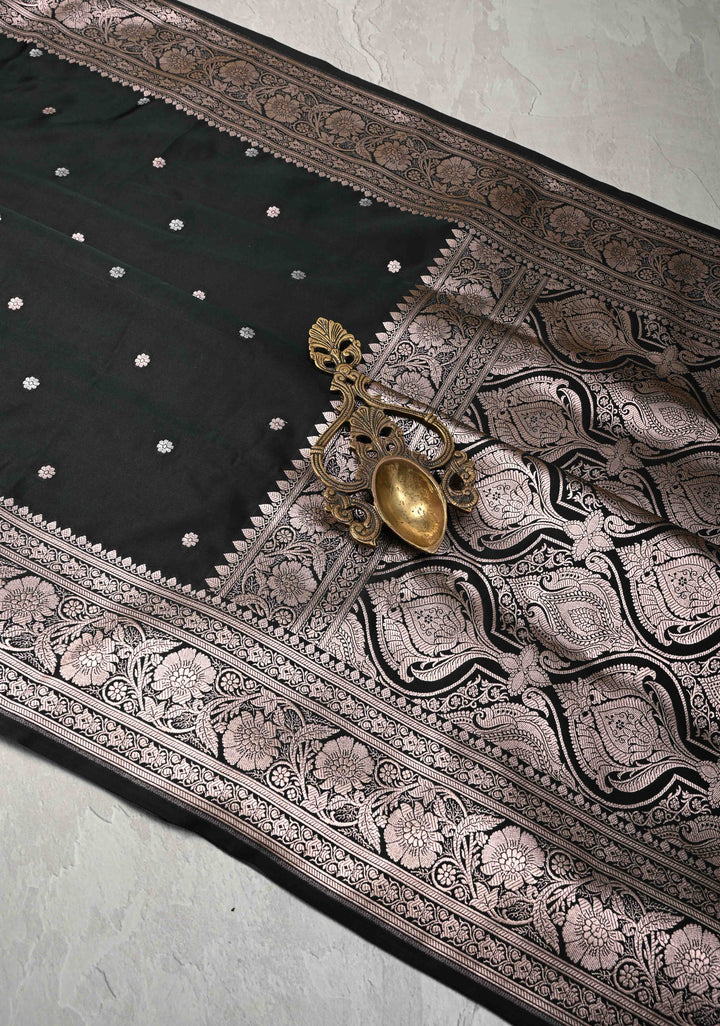 Black Banarasi Semi Mashru Silk Saree with Sona Rupa Chunri Buttis and Zari Border