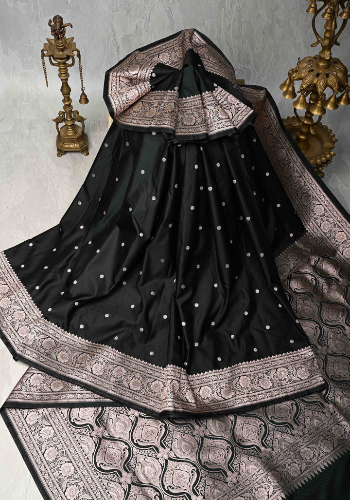 Black Banarasi Semi Mashru Silk Saree with Sona Rupa Chunri Buttis and Zari Border