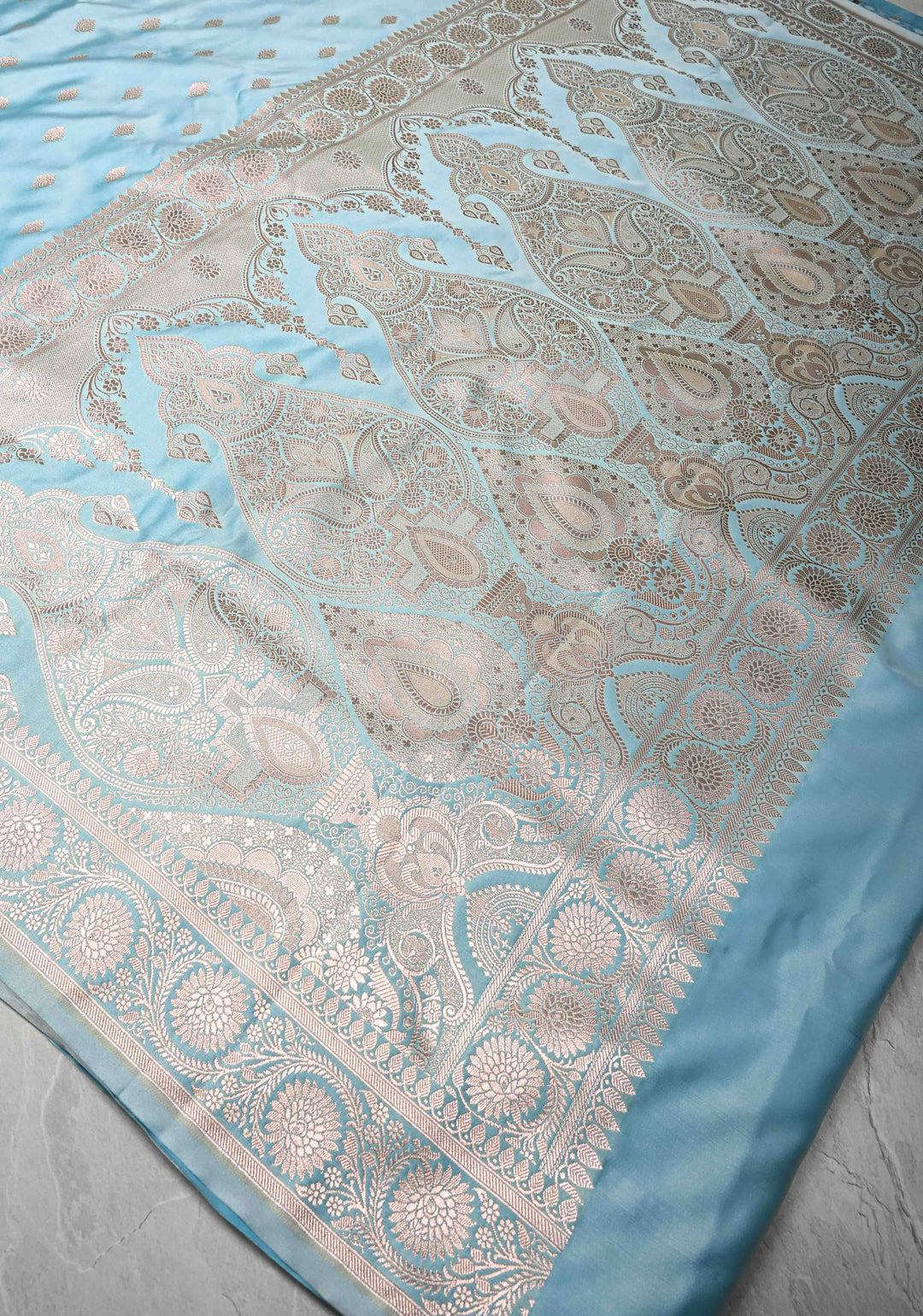Sky Blue Banarasi Semi Mashru Silk Saree with Zari Buttas and Zari Border