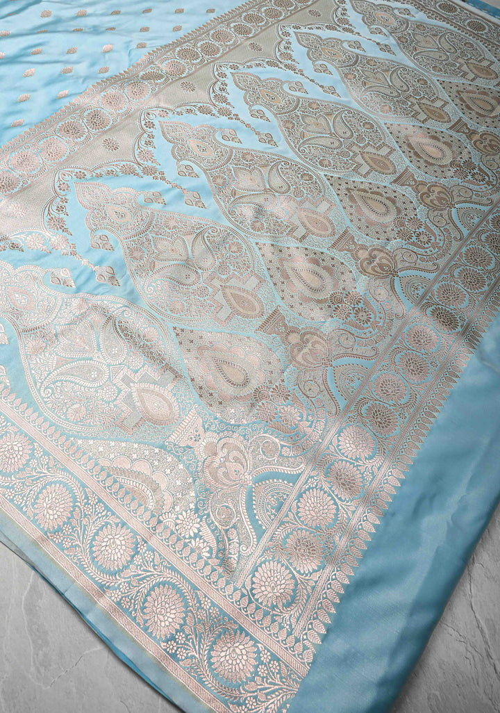 Sky Blue Banarasi Semi Mashru Silk Saree with Zari Buttas and Zari Border