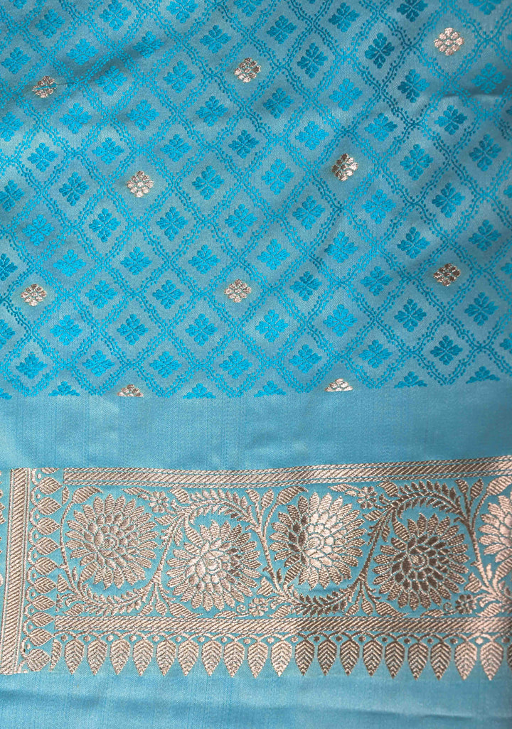 Sky Blue Banarasi Semi Mashru Silk Saree with Zari Buttas and Zari Border