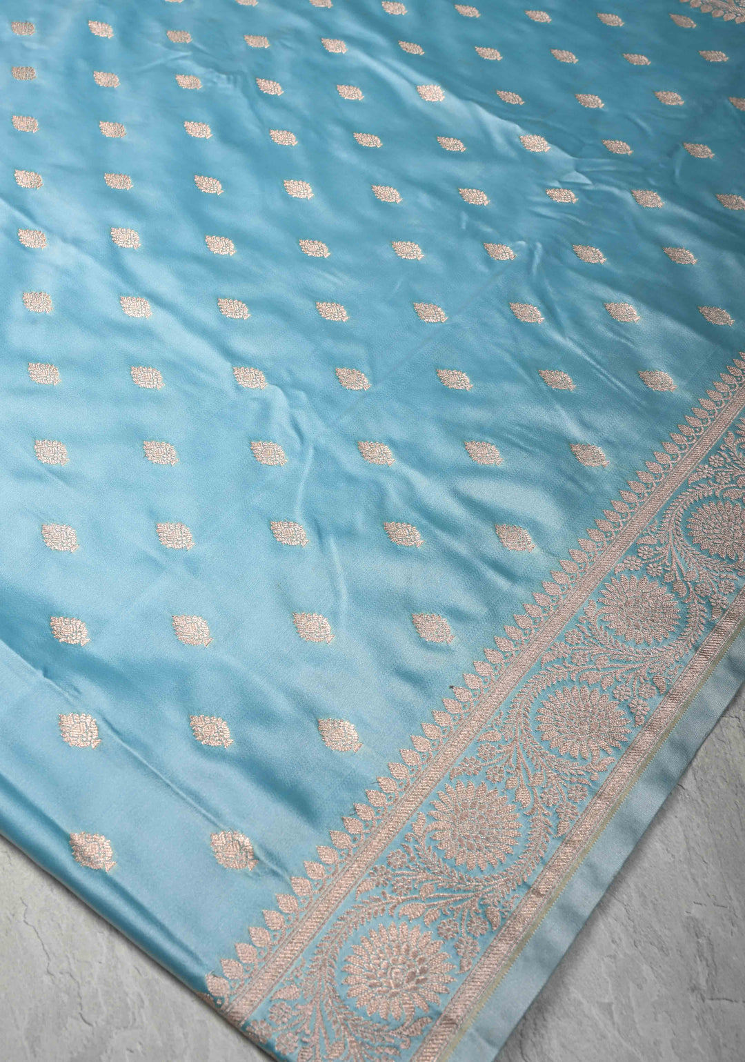 Sky Blue Banarasi Semi Mashru Silk Saree with Zari Buttas and Zari Border