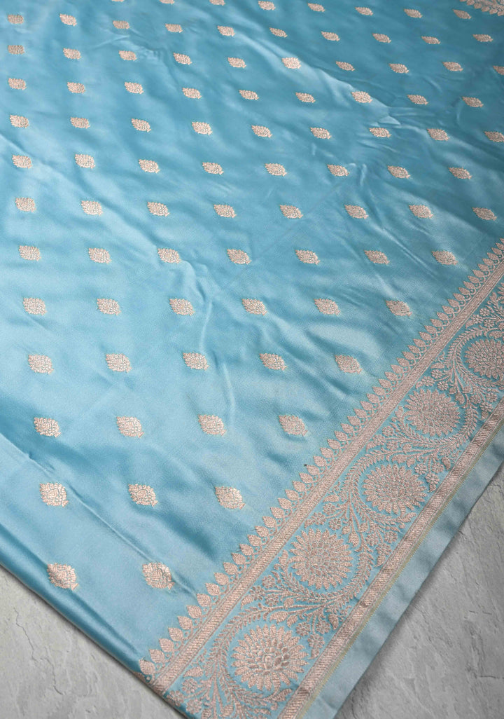 Sky Blue Banarasi Semi Mashru Silk Saree with Zari Buttas and Zari Border
