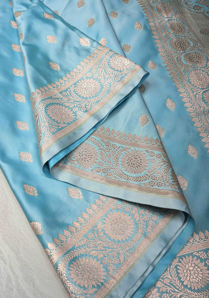 Sky Blue Banarasi Semi Mashru Silk Saree with Zari Buttas and Zari Border