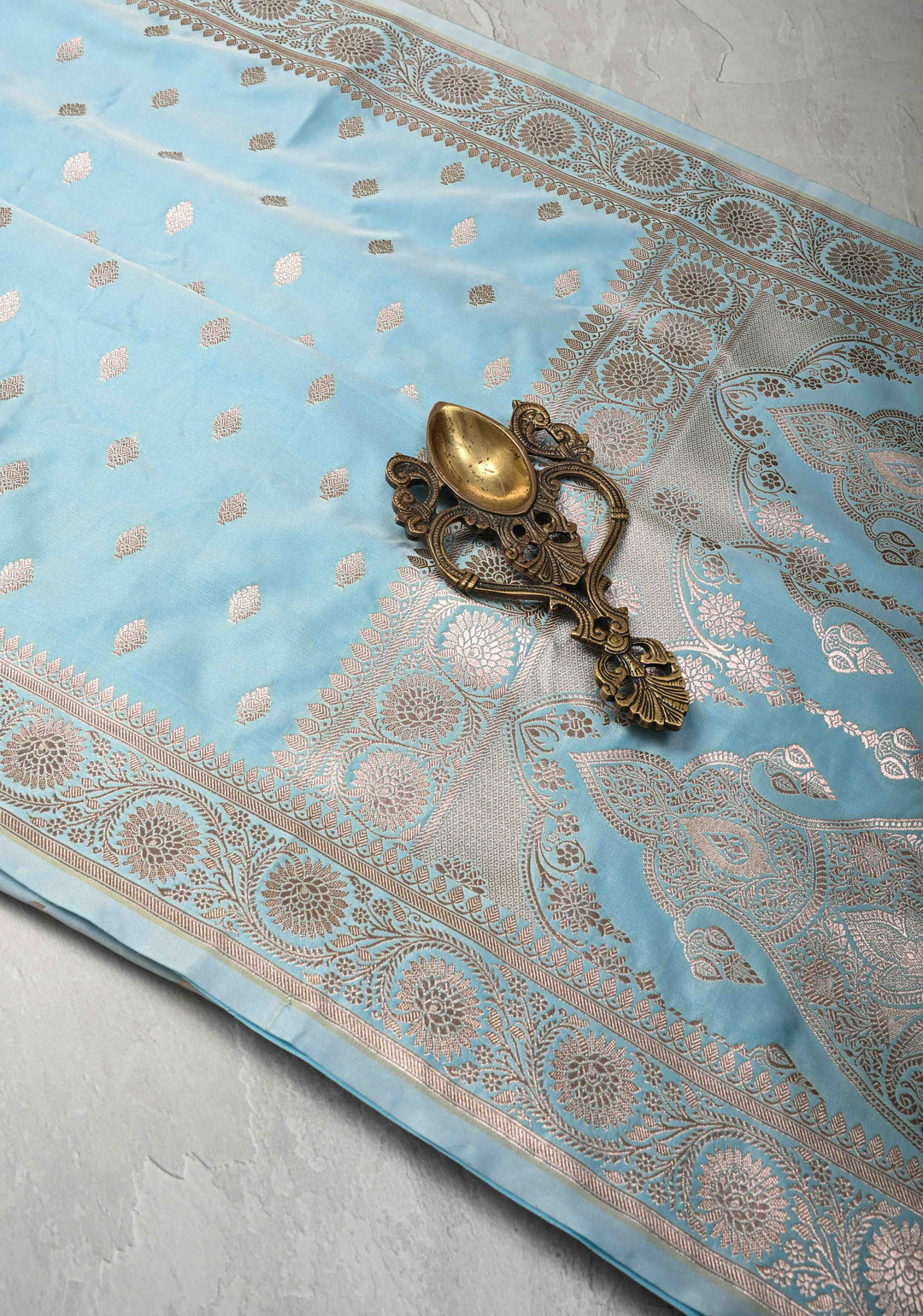 Sky Blue Banarasi Semi Mashru Silk Saree with Zari Buttas and Zari Border