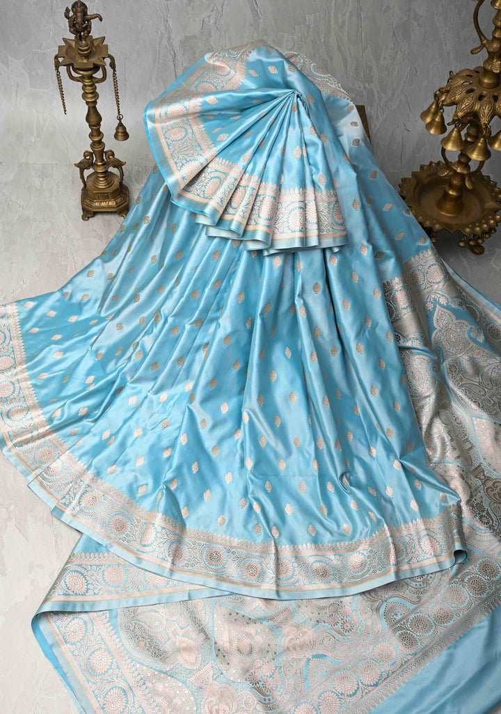 Sky Blue Banarasi Semi Mashru Silk Saree with Zari Buttas and Zari Border