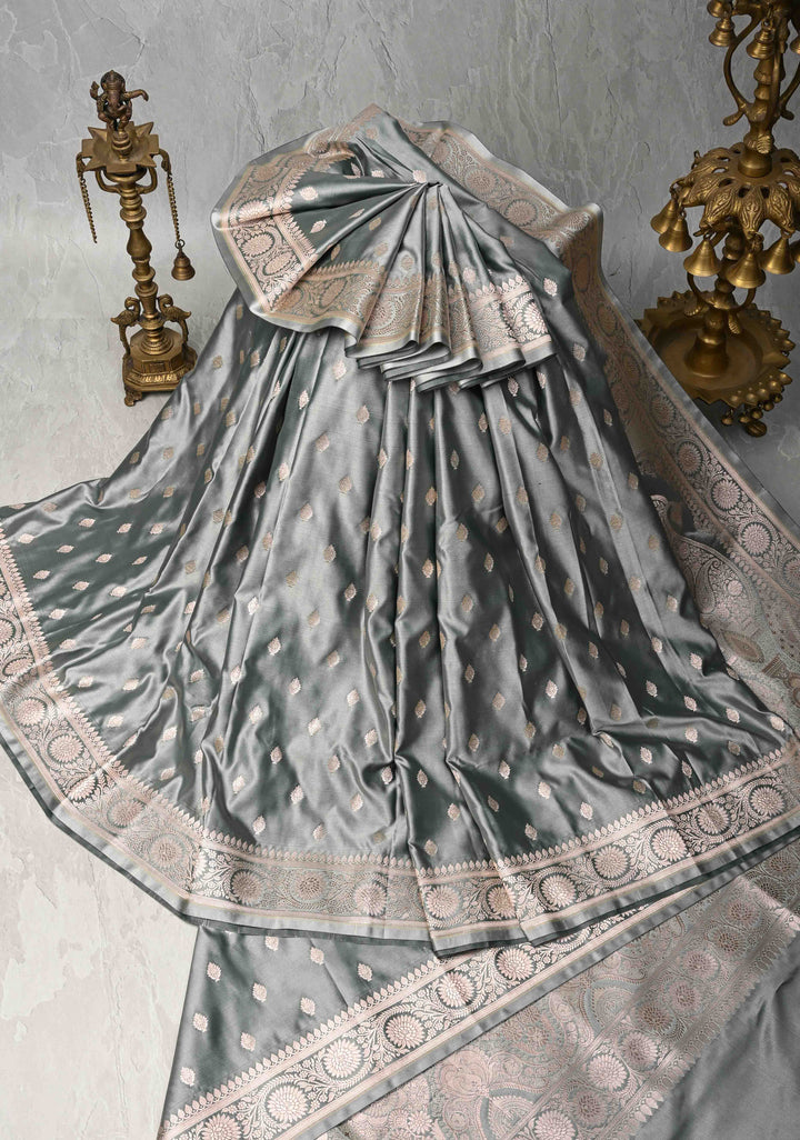 Gray Banarasi Semi Mashru Silk Saree with Zari Buttas and Zari Border