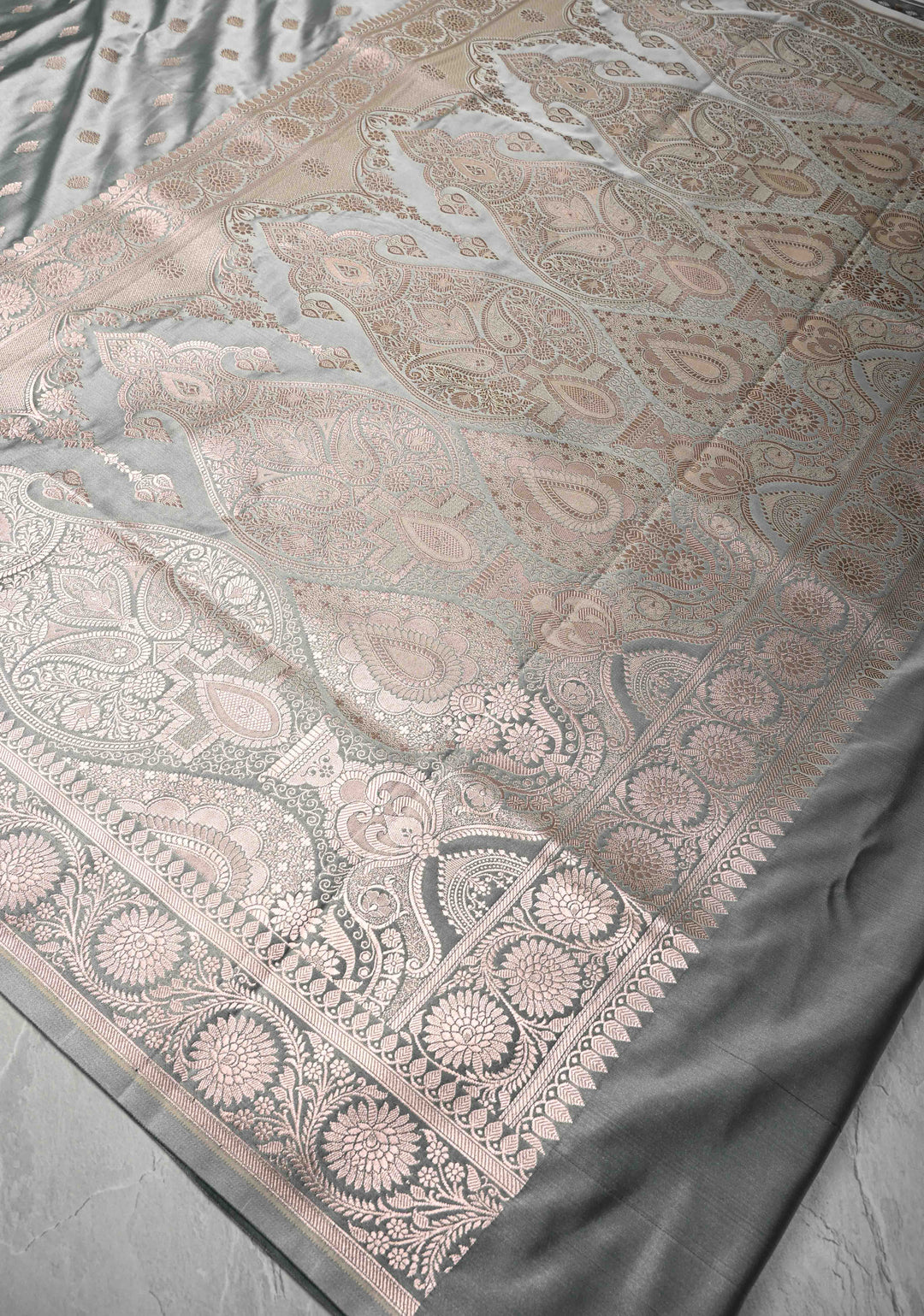 Gray Banarasi Semi Mashru Silk Saree with Zari Buttas and Zari Border