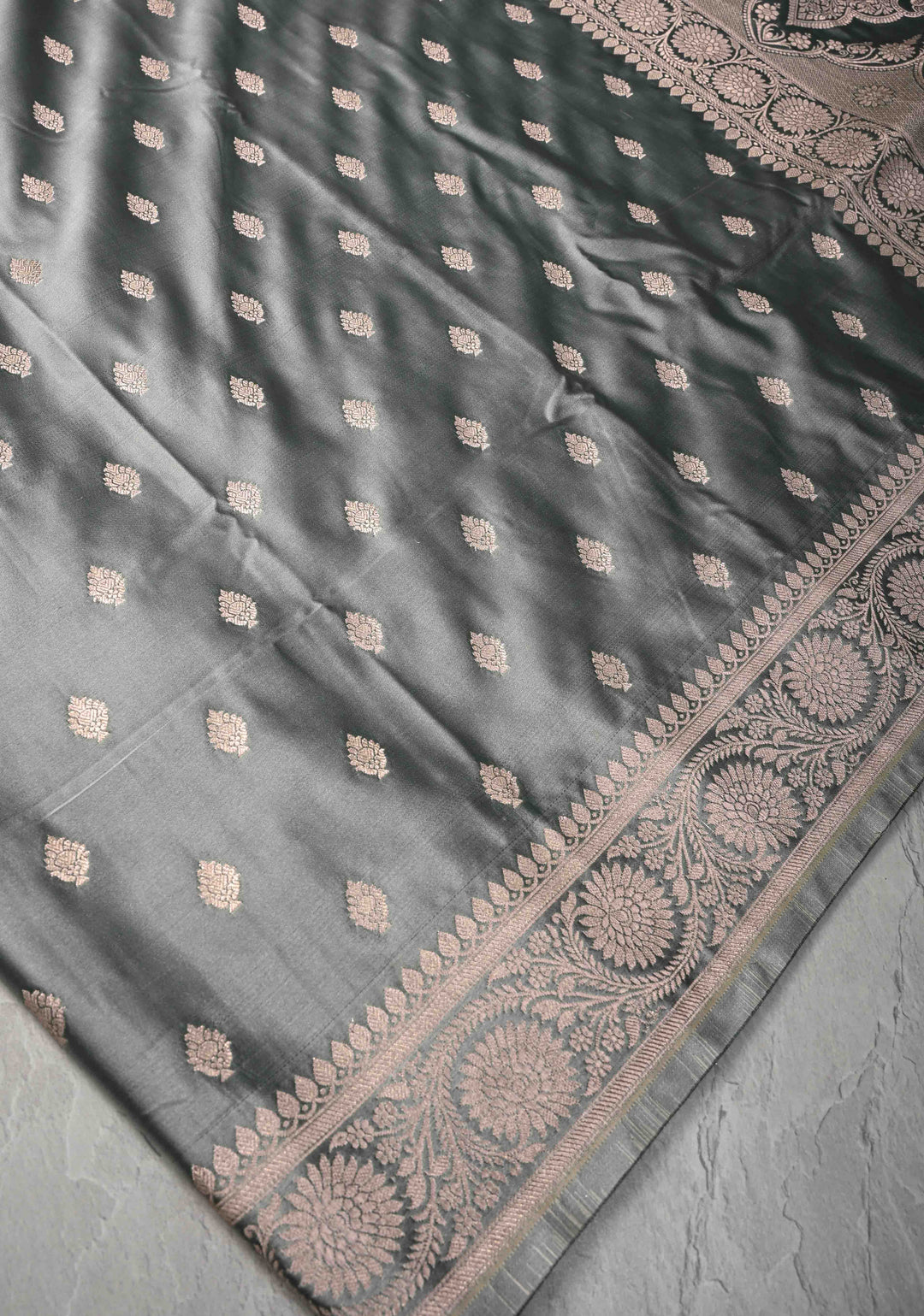 Gray Banarasi Semi Mashru Silk Saree with Zari Buttas and Zari Border