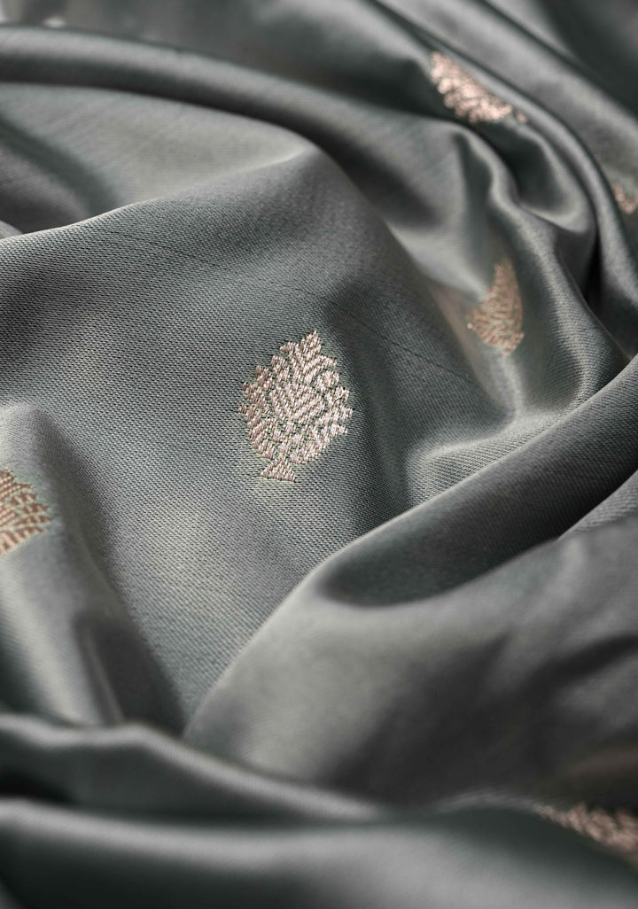 Gray Banarasi Semi Mashru Silk Saree with Zari Buttas and Zari Border