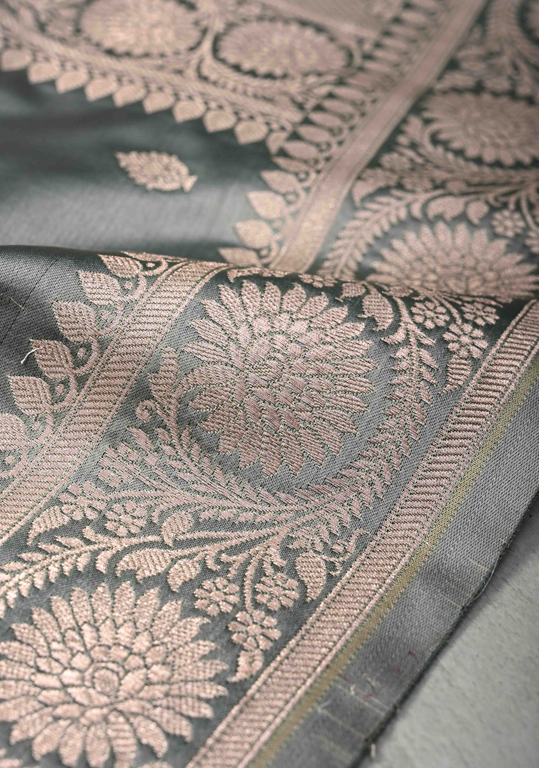 Gray Banarasi Semi Mashru Silk Saree with Zari Buttas and Zari Border
