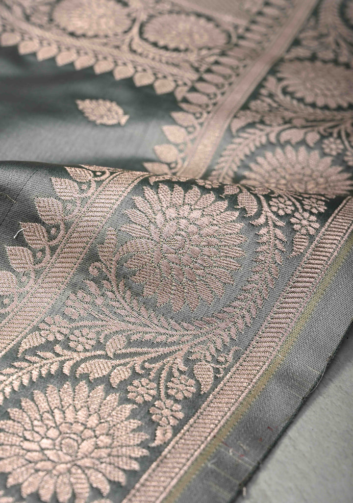 Gray Banarasi Semi Mashru Silk Saree with Zari Buttas and Zari Border