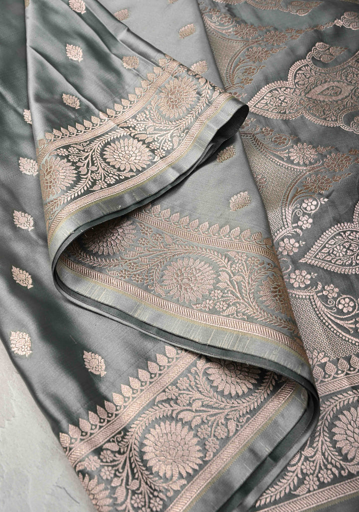 Gray Banarasi Semi Mashru Silk Saree with Zari Buttas and Zari Border
