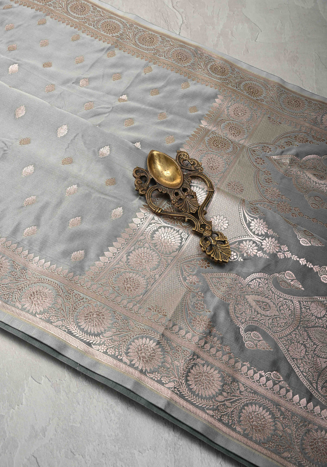 Gray Banarasi Semi Mashru Silk Saree with Zari Buttas and Zari Border
