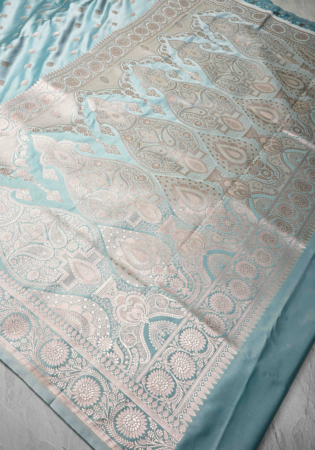 Ice Blue Banarasi Semi Mashru Silk Saree with Zari Buttas and Zari Border
