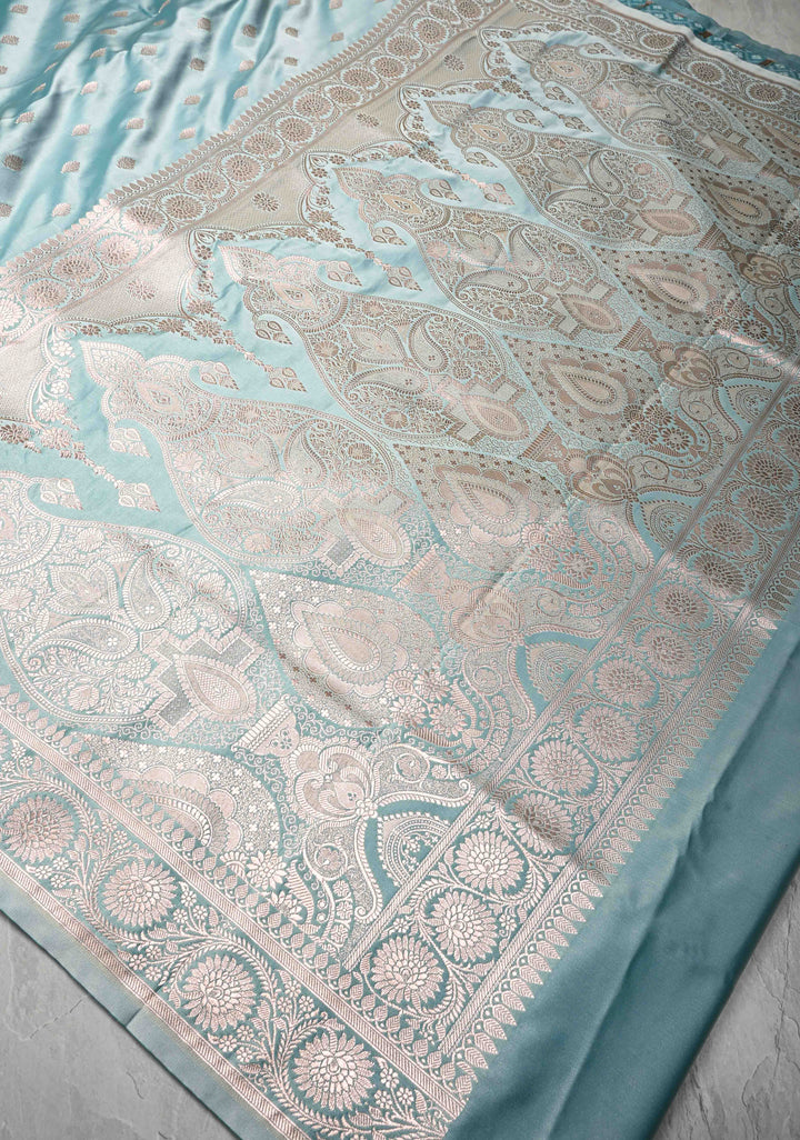 Ice Blue Banarasi Semi Mashru Silk Saree with Zari Buttas and Zari Border