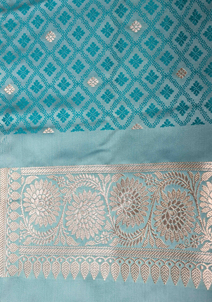 Ice Blue Banarasi Semi Mashru Silk Saree with Zari Buttas and Zari Border