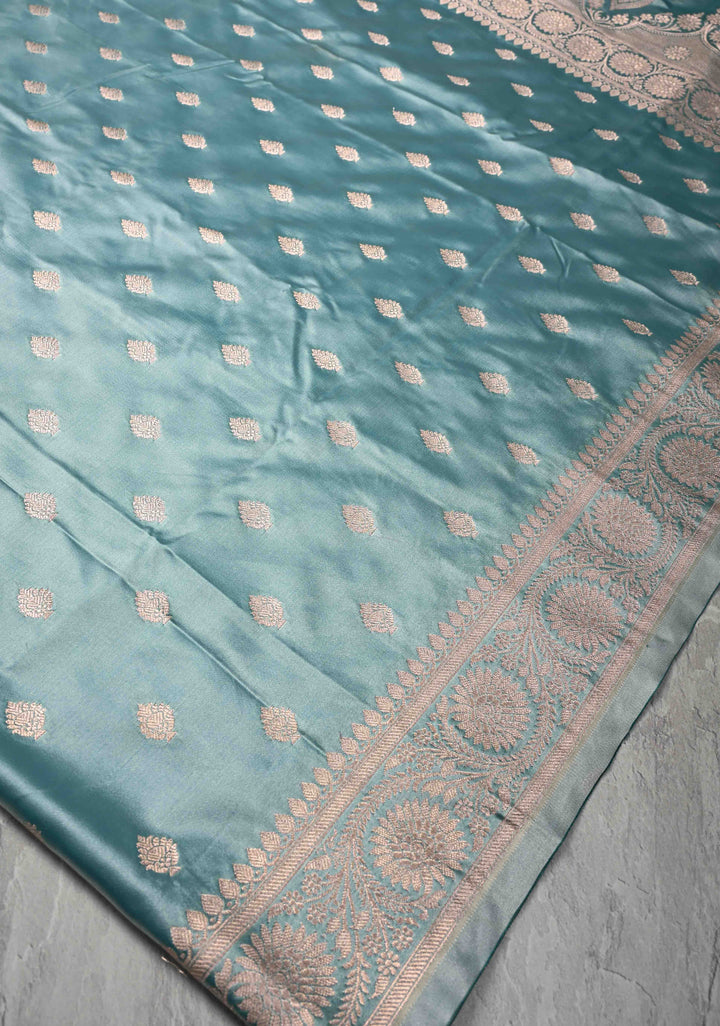 Ice Blue Banarasi Semi Mashru Silk Saree with Zari Buttas and Zari Border