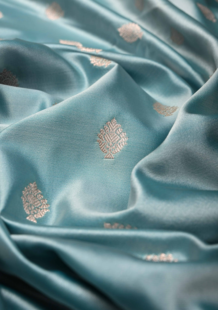 Ice Blue Banarasi Semi Mashru Silk Saree with Zari Buttas and Zari Border