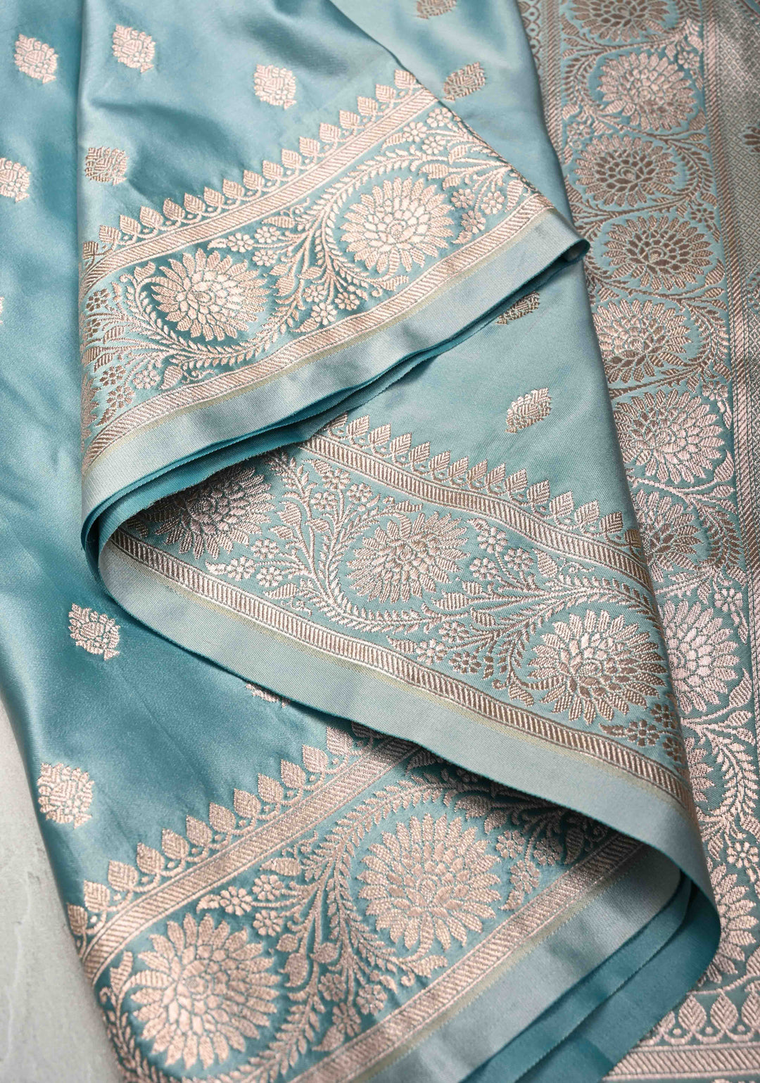 Ice Blue Banarasi Semi Mashru Silk Saree with Zari Buttas and Zari Border
