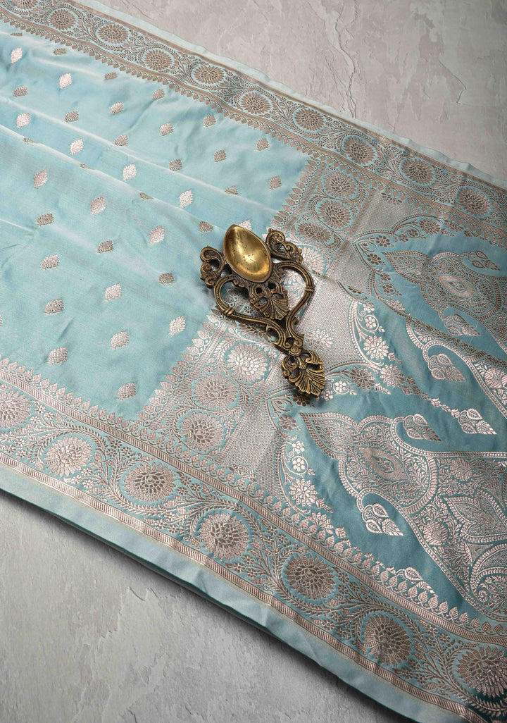 Ice Blue Banarasi Semi Mashru Silk Saree with Zari Buttas and Zari Border