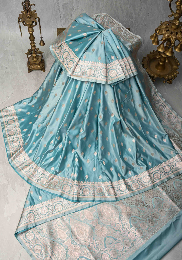 Ice Blue Banarasi Semi Mashru Silk Saree with Zari Buttas and Zari Border