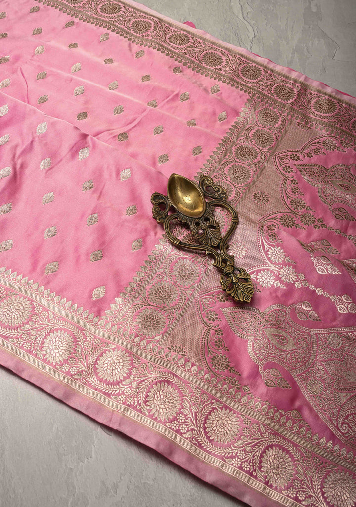 Pink Banarasi Semi Mashru Silk Saree with Zari Buttas and Zari Border