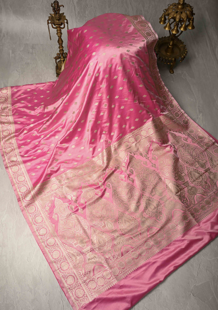 Pink Banarasi Semi Mashru Silk Saree with Zari Buttas and Zari Border