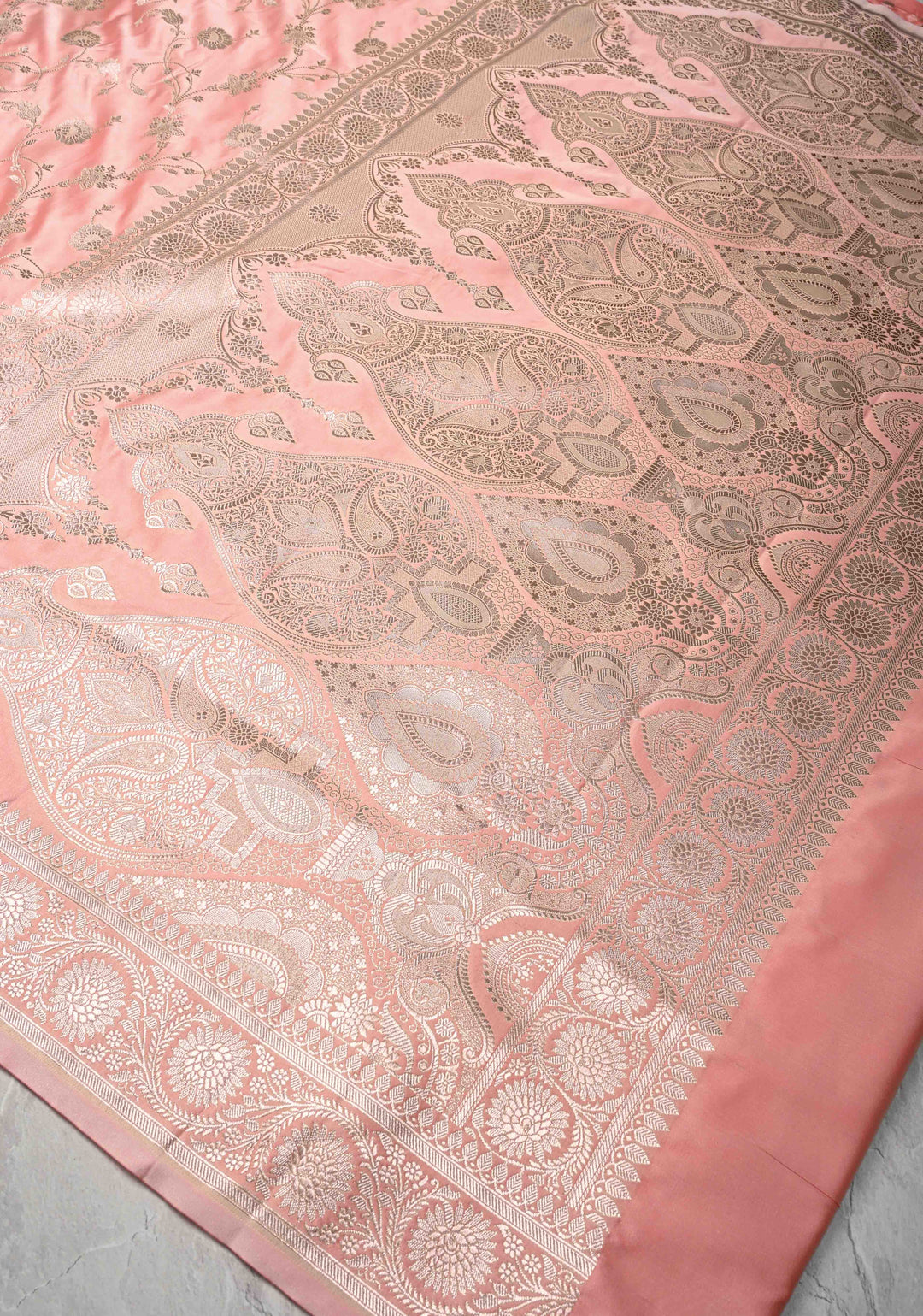 Flamingo Pink Banarasi Semi Mashru Silk Saree with Floral Jaal and Zari Border