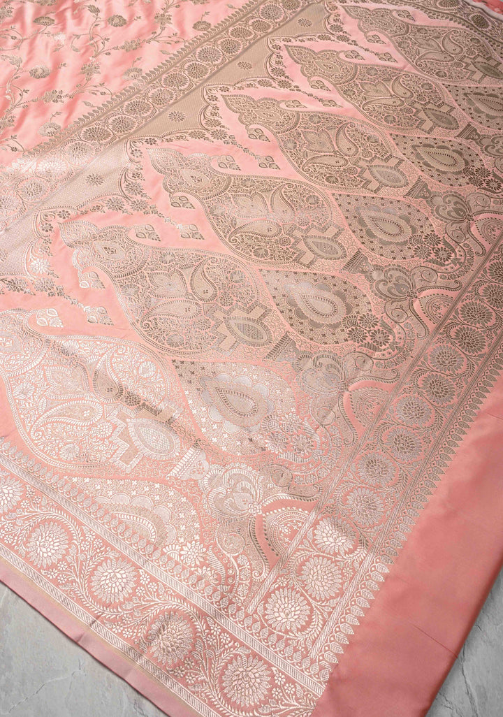 Flamingo Pink Banarasi Semi Mashru Silk Saree with Floral Jaal and Zari Border